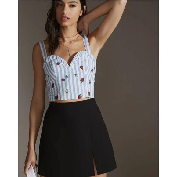 Maeve Anthropologie Striped Embroidered Strawberry Cami Top Blue 4 Coquette - Picture 2 of 15